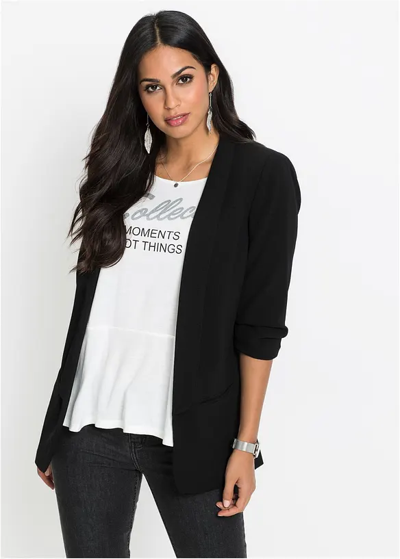 Longblazer mit drapierten Ärmeln in schwarz von vorne (im Anschnitt) - bonprix Longblazer mit drapierten Ärmeln in schwarz von vorne (im Anschnitt) - bonprix