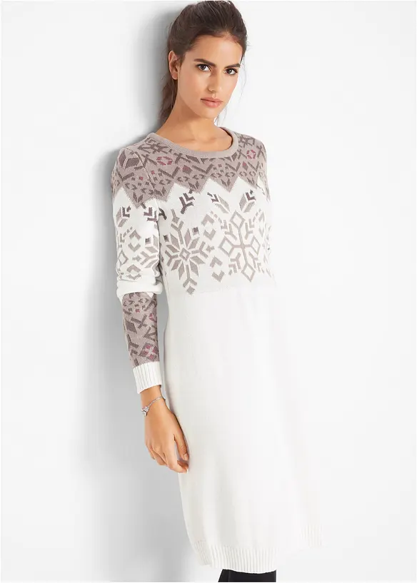 Strickkleid mit Norwegermuster aus Baumwoll-Mix in weiß von vorne (Totalaufnahme) - bonprix Strickkleid mit Norwegermuster aus Baumwoll-Mix in weiß von vorne (Totalaufnahme) - bonprix
