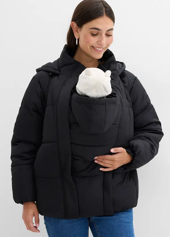 3-in-1-Umstands-Pufferjacke mit Trageeinsatz, wasserabweisend in schwarz von vorne (im Anschnitt) - bonprix