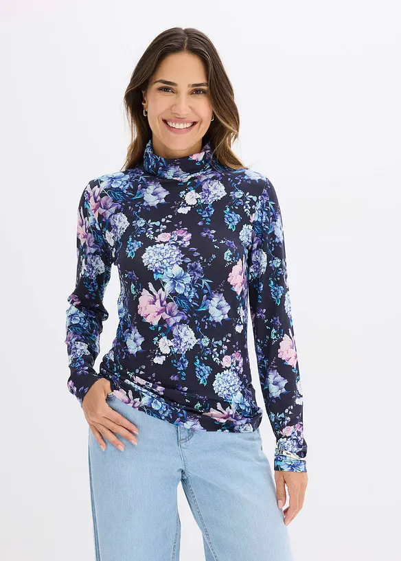 Langarmshirt aus softem Viskose-Mix in blau von vorne (im Anschnitt) - bonprix