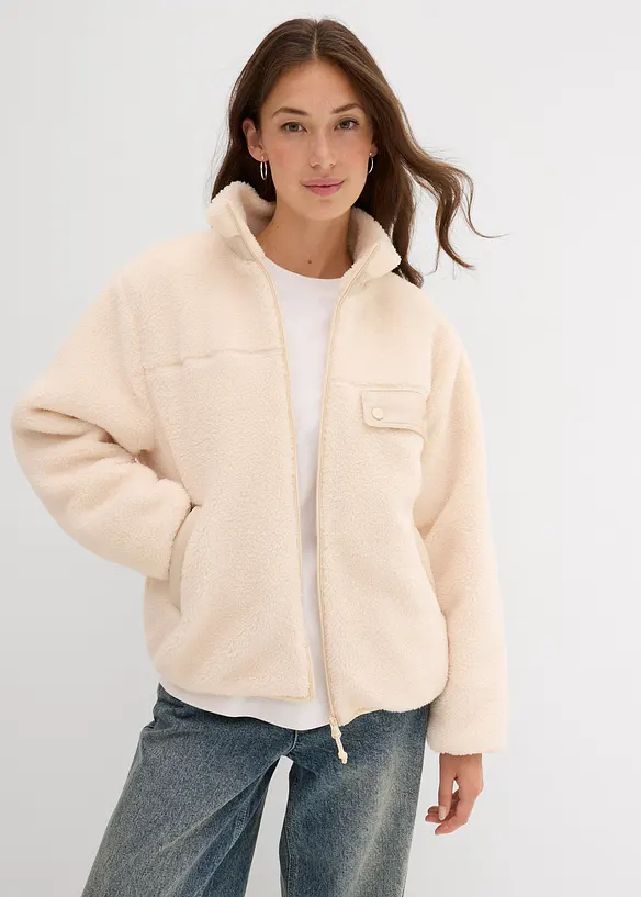 Teddy-Fleece-Jacke in beige von vorne (im Anschnitt) - bonprix