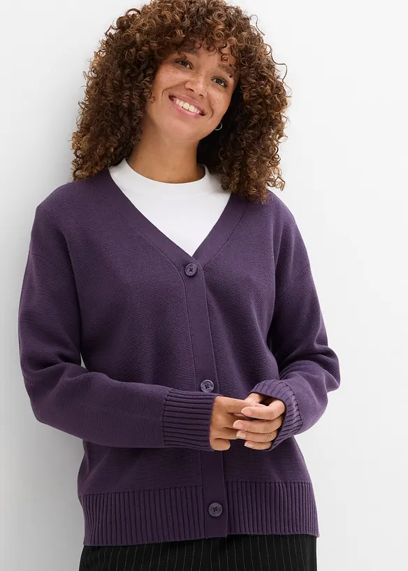 Milano Rib-Feinstrickjacke in lila von vorne (im Anschnitt) - bonprix Milano Rib-Feinstrickjacke in lila von vorne (im Anschnitt) - bonprix