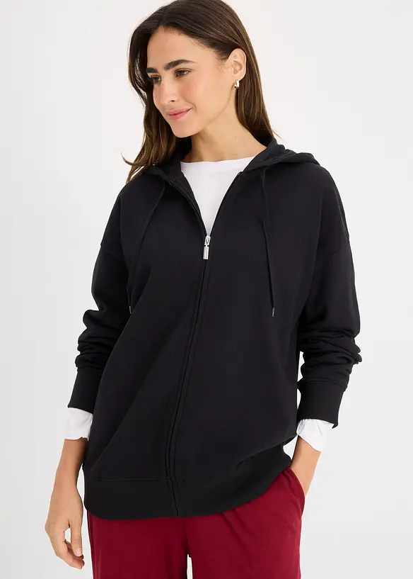 Long-Sweatjacke in schwarz von vorne (im Anschnitt) - bonprix