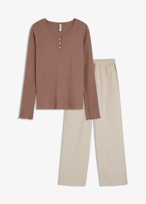 Pyjama mit gewebter Hose in braun von vorne - bonprix