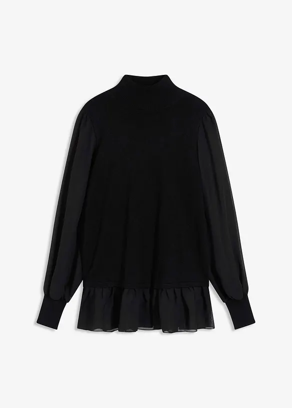 Feinstrickpullover mit Blusen-Einsatz in schwarz von vorne - bonprix Feinstrickpullover mit Blusen-Einsatz in schwarz von vorne - bonprix