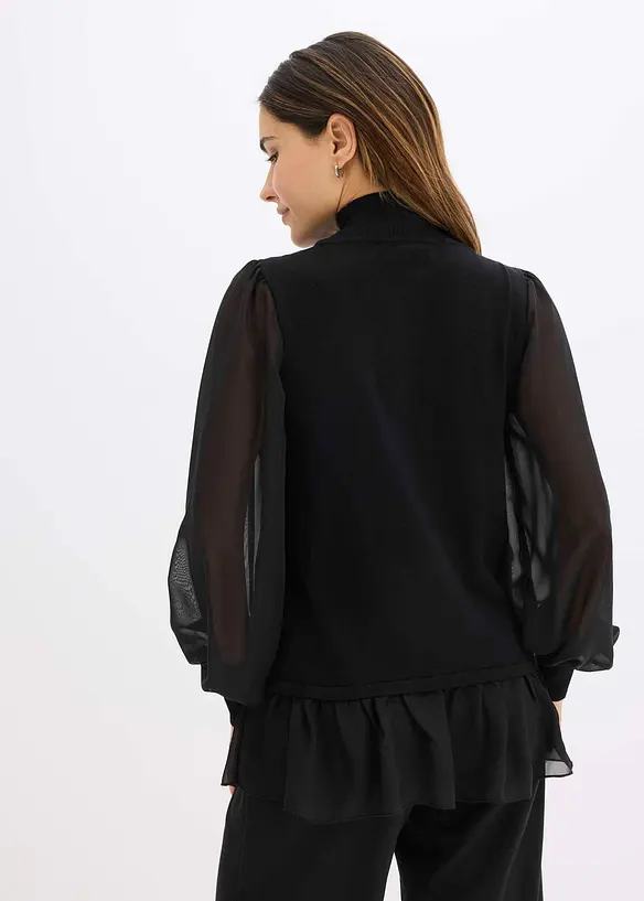 Feinstrickpullover mit Blusen-Einsatz in schwarz von hinten (im Anschnitt) - bonprix Feinstrickpullover mit Blusen-Einsatz in schwarz von hinten (im Anschnitt) - bonprix
