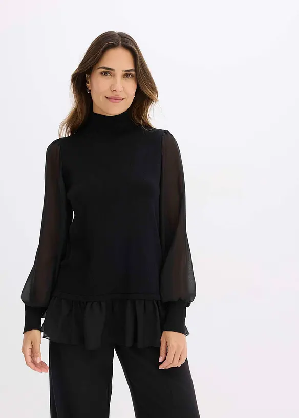 Feinstrickpullover mit Blusen-Einsatz in schwarz von vorne (im Anschnitt) - bonprix Feinstrickpullover mit Blusen-Einsatz in schwarz von vorne (im Anschnitt) - bonprix