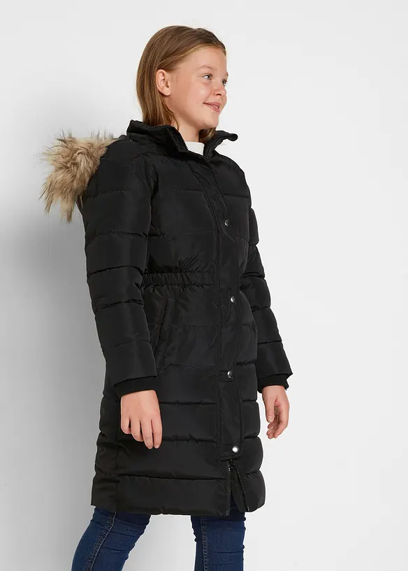 Winter-Steppmantel mit abnehmbarer Kapuze in schwarz von vorne (im Anschnitt) - bonprix