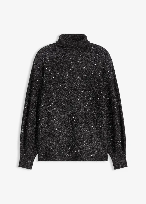 Pullover mit Rollkragen und Pailletten in schwarz von vorne - bonprix