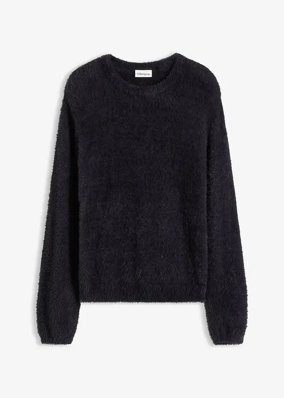 Pullover in Plüsch-Optik mit softer Viskose in schwarz von vorne - bonprix Pullover in Plüsch-Optik mit softer Viskose in schwarz von vorne - bonprix