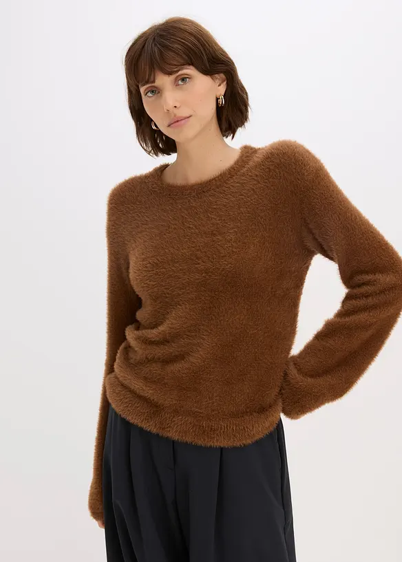 Pullover in Plüsch-Optik mit softer Viskose in braun von vorne (im Anschnitt) - bonprix Pullover in Plüsch-Optik mit softer Viskose in braun von vorne (im Anschnitt) - bonprix