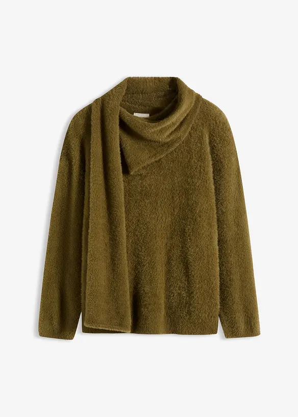 Oversize-Pullover mit Schal in grün von vorne - bonprix