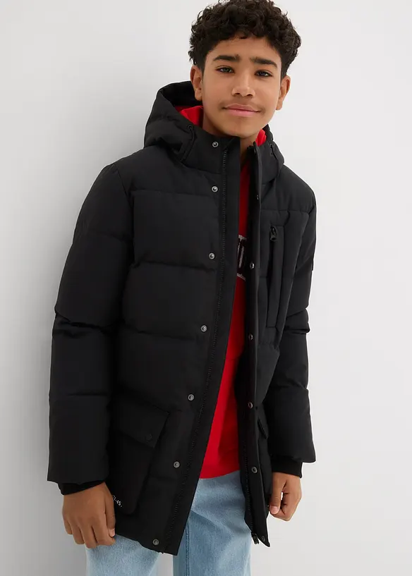 Stepp-Parka mit sportiven Details und Kapuze in schwarz von vorne (im Anschnitt) - bonprix