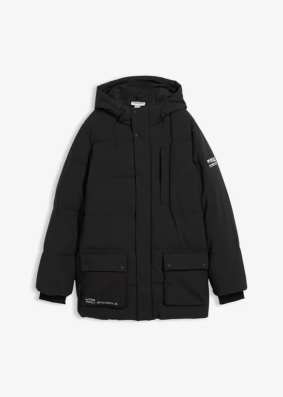 Stepp-Parka mit sportiven Details und Kapuze in schwarz von vorne - bonprix