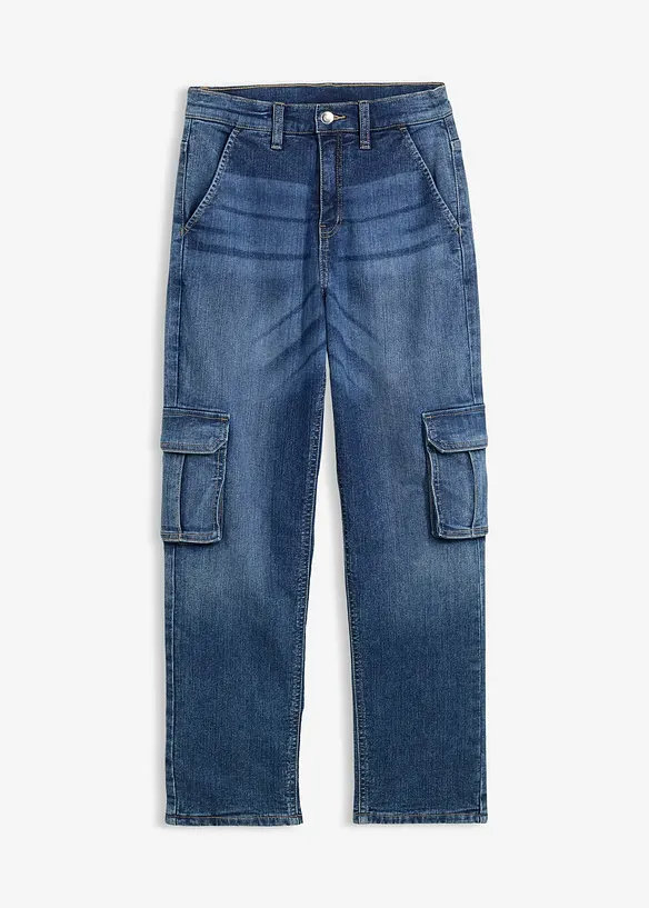 Thermo-Cargojeans in Loose Fit mit Jerseyfutter, Tapered in blau von vorne - bonprix