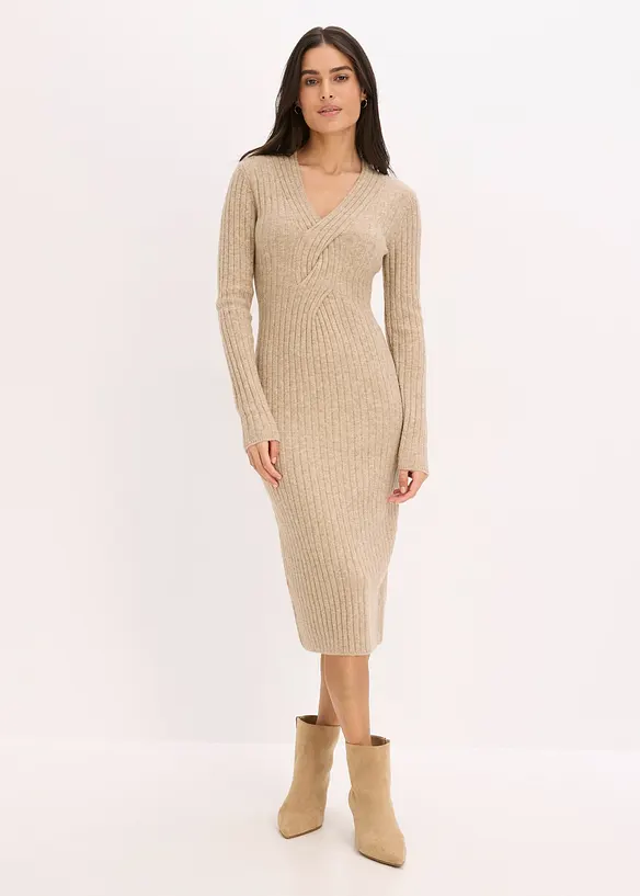 Strickkleid mit Wollanteil in beige von vorne (Totalaufnahme) - bonprix