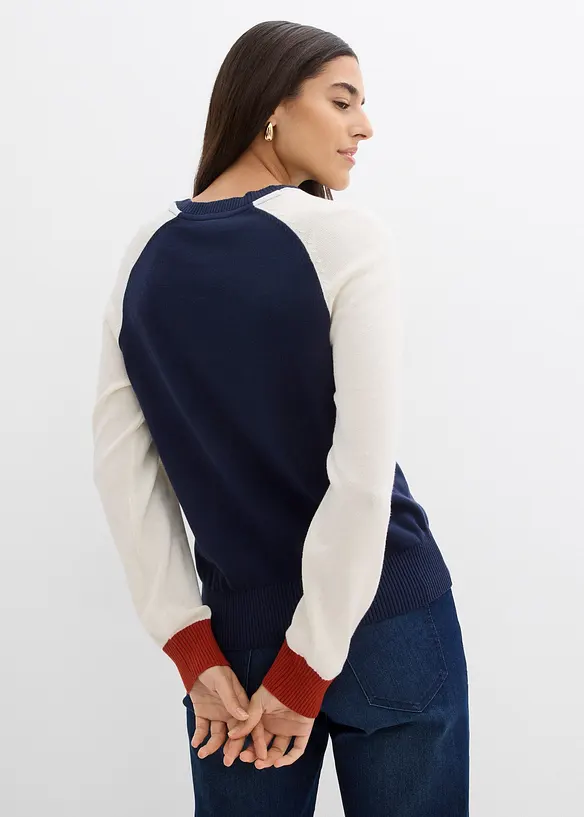 Feinstrickpullover aus Baumwoll-Mix mit Raglanärmeln in beige von hinten (im Anschnitt) - bonprix