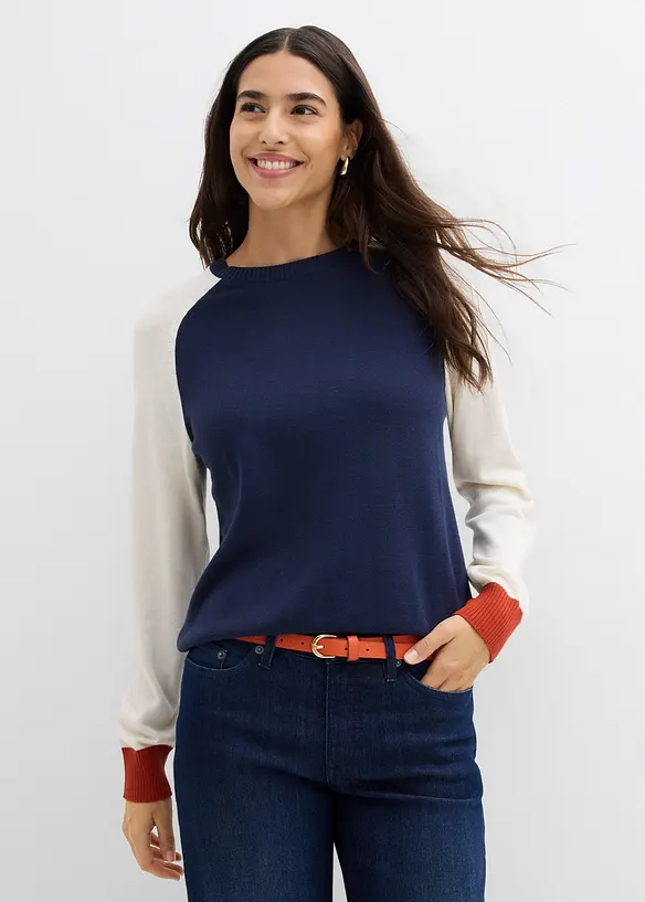 Feinstrickpullover aus Baumwoll-Mix mit Raglanärmeln in beige von vorne (im Anschnitt) - bonprix