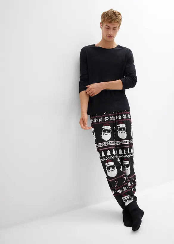 Pyjama aus reiner Baumwolle mit langen Ärmeln in schwarz im Look von vorne (Totalaufnahme) - bonprix