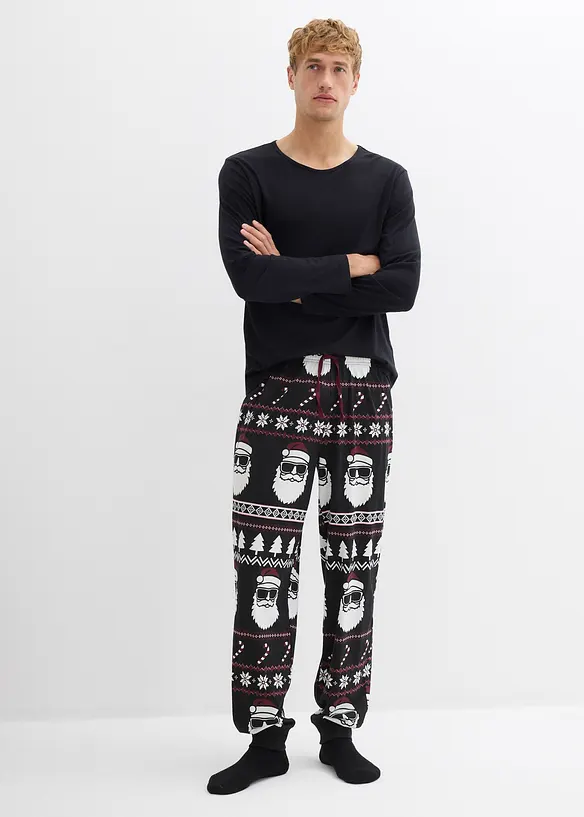 Pyjama aus reiner Baumwolle mit langen Ärmeln in schwarz von vorne (Totalaufnahme) - bonprix
