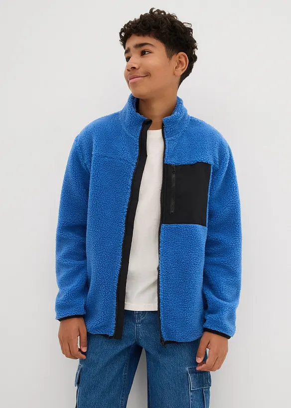 Teddy-Fleece Jacke in blau von vorne (im Anschnitt) - bonprix