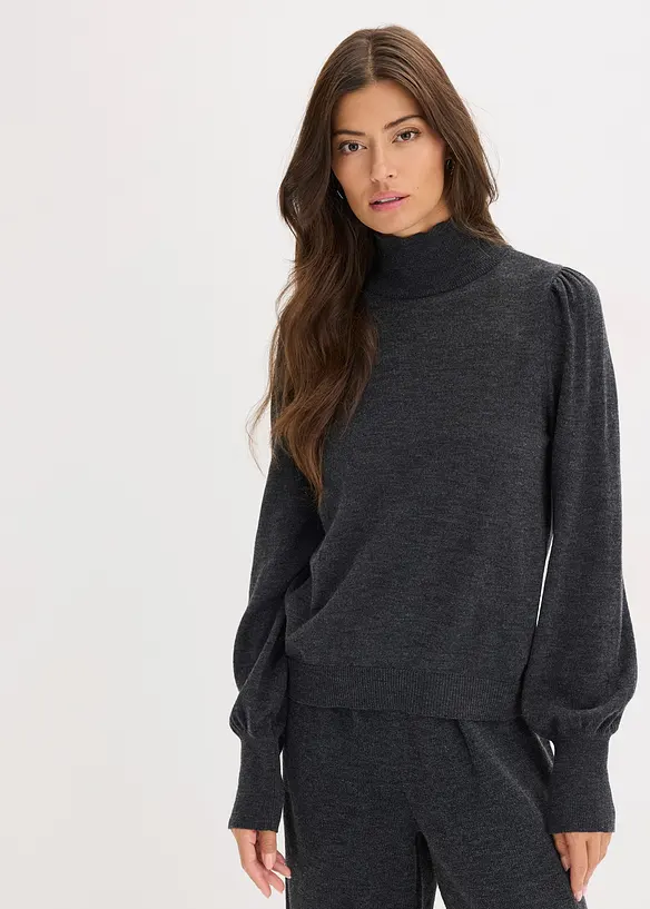 Feinstrickpullover mit Ballonärmeln in grau von vorne (im Anschnitt) - bonprix