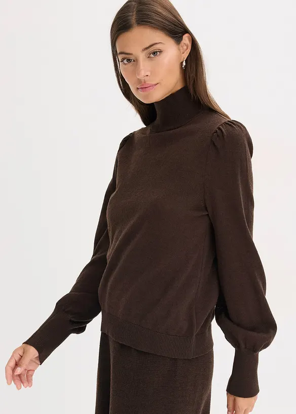 Feinstrickpullover mit Ballonärmeln in braun von vorne (im Anschnitt) - bonprix Feinstrickpullover mit Ballonärmeln in braun von vorne (im Anschnitt) - bonprix