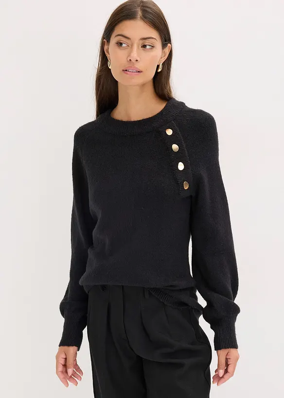 Pullover mit goldenen Zierknöpfen in schwarz von vorne (im Anschnitt) - bonprix Pullover mit goldenen Zierknöpfen in schwarz von vorne (im Anschnitt) - bonprix