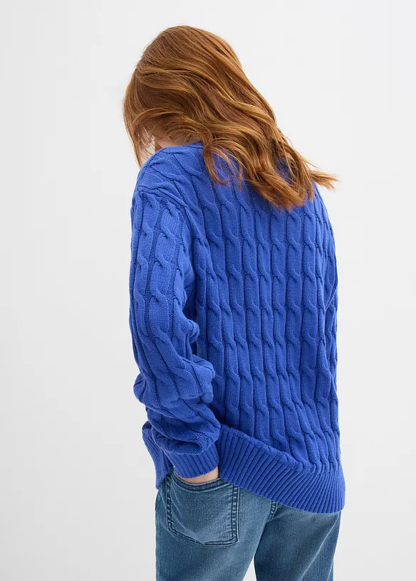 Pullover mit Zopfstrickmuster aus reiner Bio-Baumwolle in blau von hinten (im Anschnitt) - bonprix