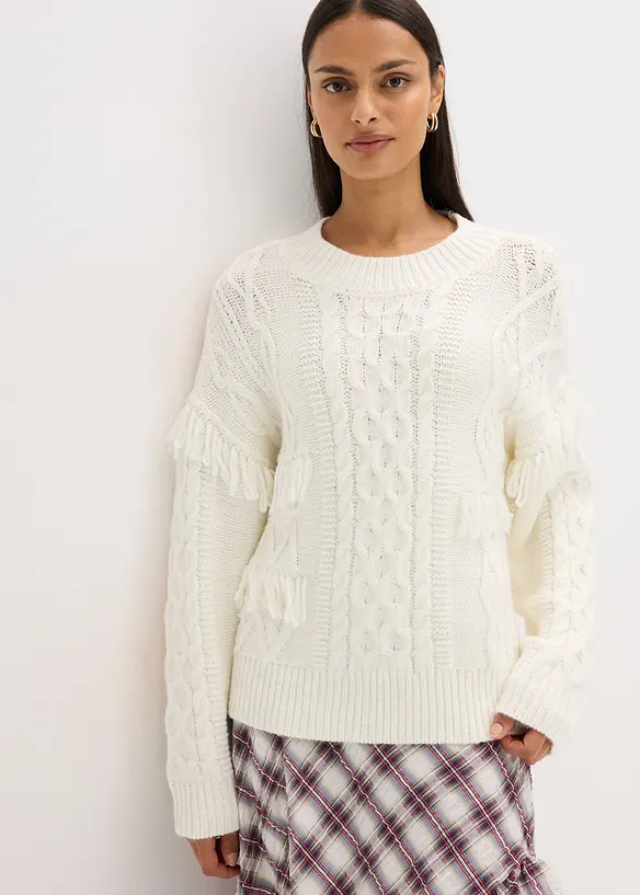Oversize-Pullover mit Fransen in weiß von vorne (im Anschnitt) - bonprix Oversize-Pullover mit Fransen in weiß von vorne (im Anschnitt) - bonprix