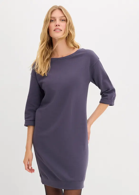 Sweatkleid, 3/4-Arm, innen weich angeraut in lila von vorne (Totalaufnahme) - bonprix Sweatkleid, 3/4-Arm, innen weich angeraut in lila von vorne (Totalaufnahme) - bonprix