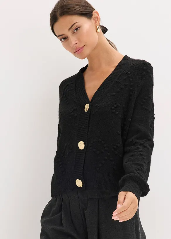 Texturierte Strickjacke in schwarz von vorne (im Anschnitt) - bonprix Texturierte Strickjacke in schwarz von vorne (im Anschnitt) - bonprix