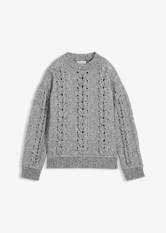 Grobstrick-Pullover mit Zopfmuster in grau von vorne - bonprix