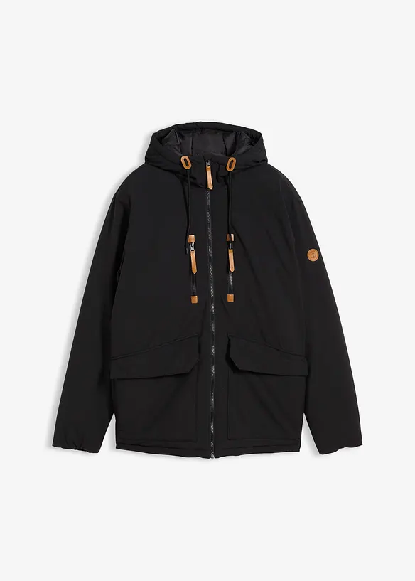 Winterjacke mit Lederimitat-Details in schwarz von vorne - bonprix
