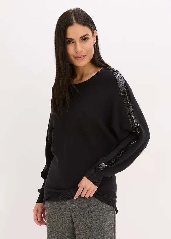 Feinstrickpullover mit Pailletten in schwarz von vorne (im Anschnitt) - bonprix