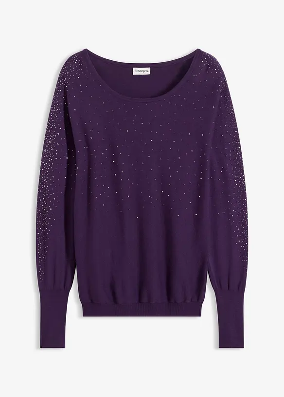 Feinstrickpullover mit Strass-Applikation in lila von vorne - bonprix Feinstrickpullover mit Strass-Applikation in lila von vorne - bonprix