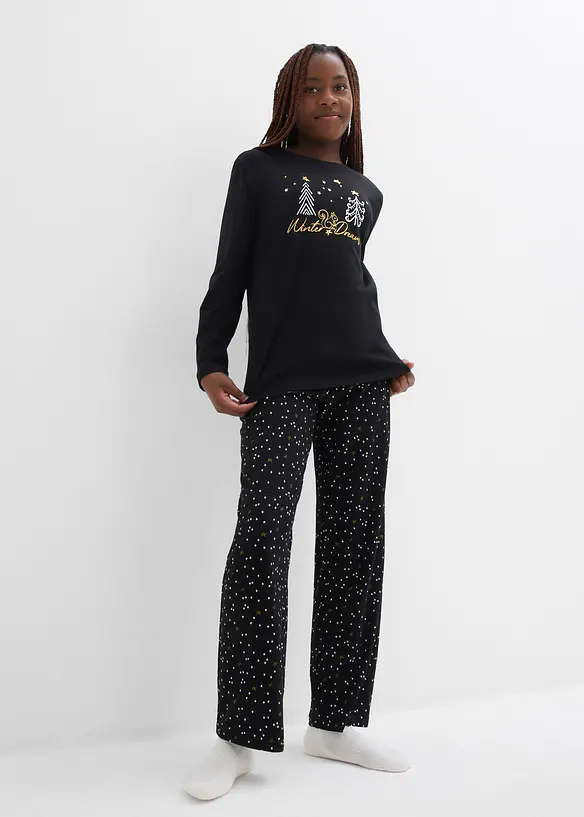 Pyjama aus weicher Baumwolle 2-tlg. Set in schwarz von vorne (Totalaufnahme) - bonprix