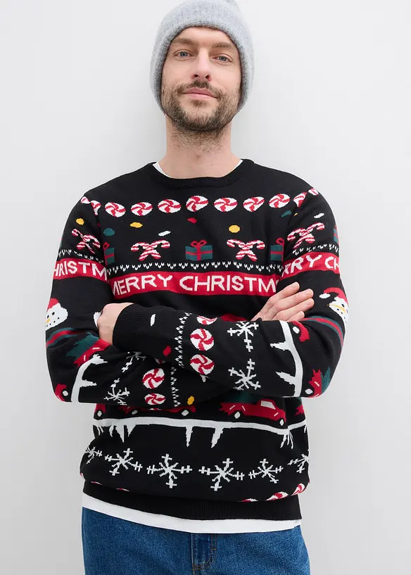 Feinstrickpullover mit Weihnachtsmotiv in schwarz von vorne (im Anschnitt) - bonprix