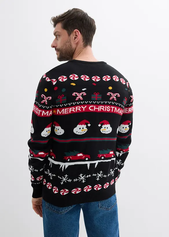 Feinstrickpullover mit Weihnachtsmotiv in schwarz von hinten (im Anschnitt) - bonprix
