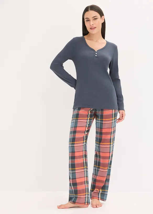 Pyjama mit Rippshirt und Flanellhose aus Glitzergarn in blau von vorne (Totalaufnahme) - bonprix