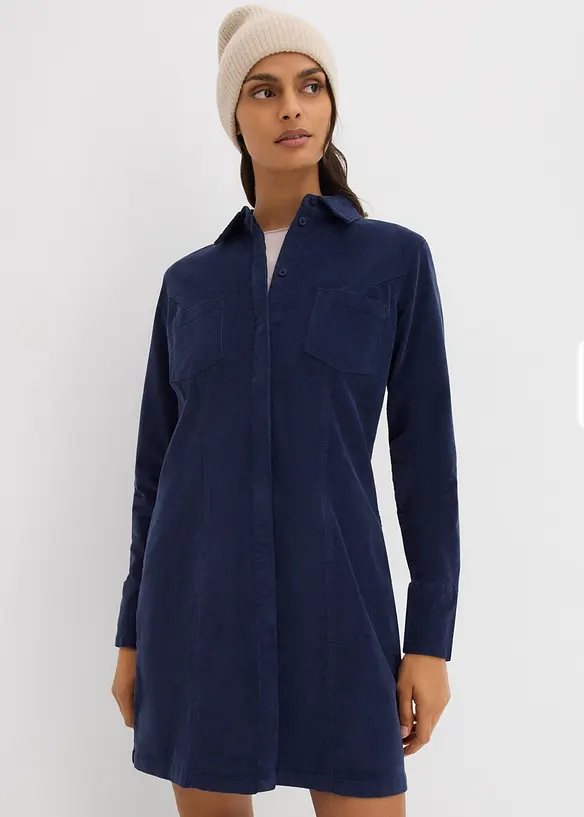 Figurbetontes Cordkleid in blau von vorne (Totalaufnahme) - bonprix