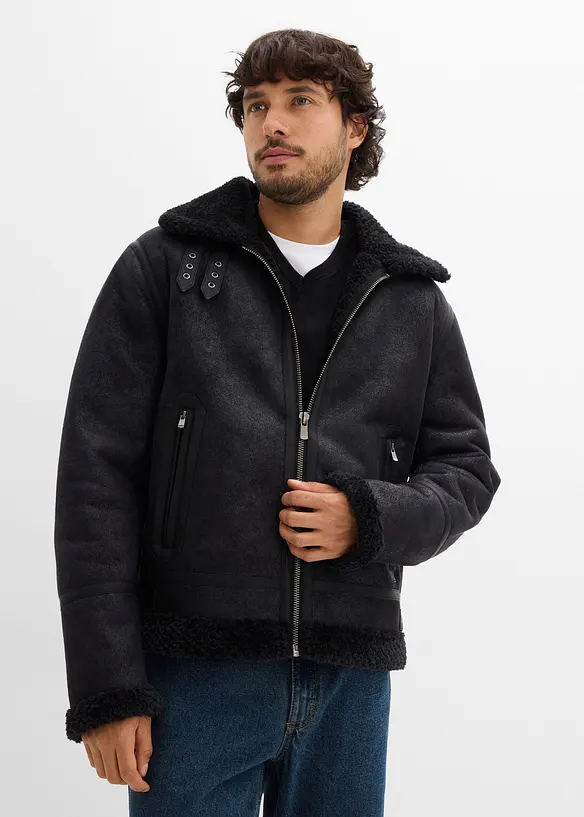 Lederimitat-Jacke mit Teddyfutter in schwarz von vorne (im Anschnitt) - bonprix