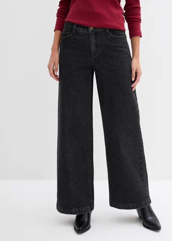 Wide-Leg-Jeans, Mid Waist, Full Length in grau von vorne - bonprix