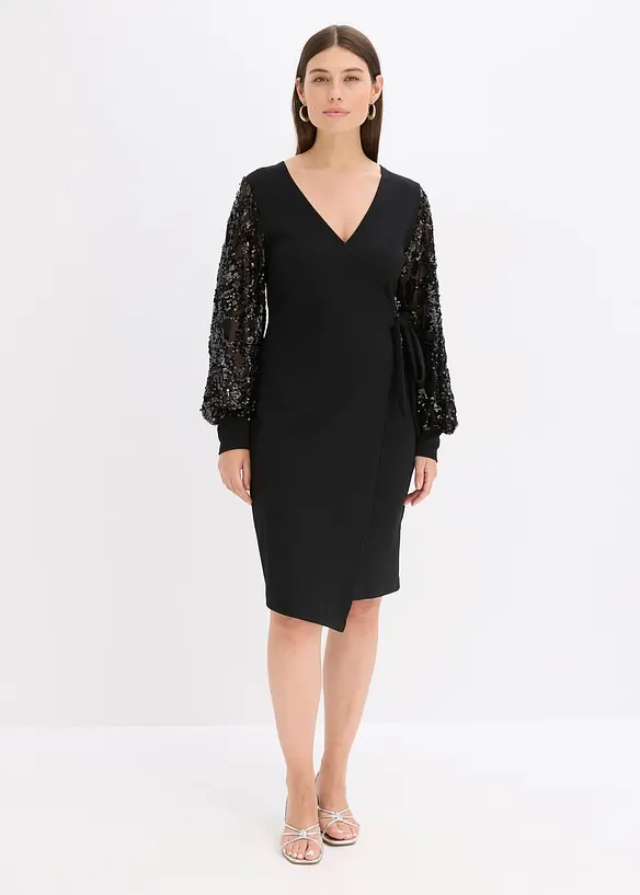 Midikleid mit Paillettenstickerei an den Ärmel in schwarz von vorne (Totalaufnahme) - bonprix