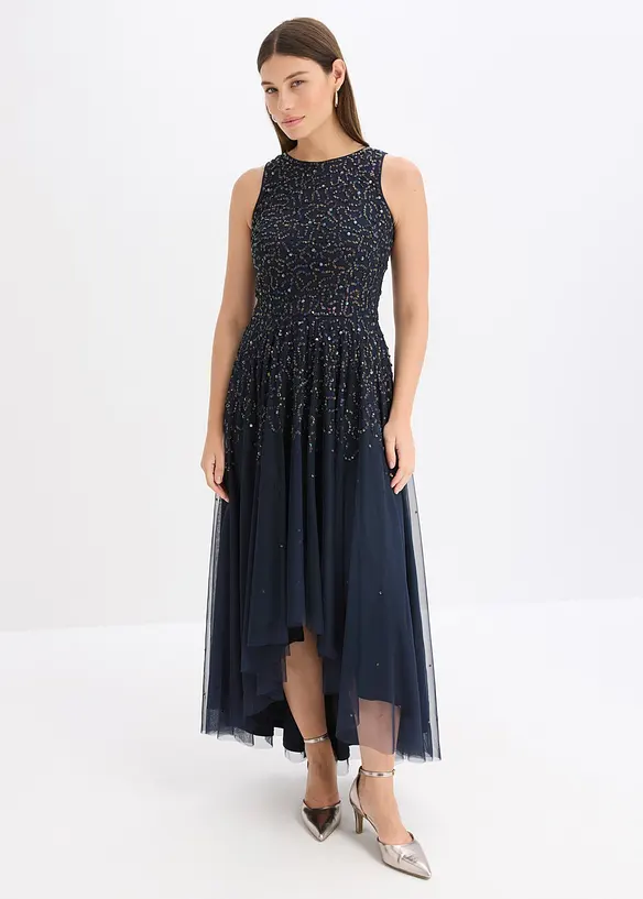 Vokuhila-Kleid mit Pailettenstickerei in blau von vorne (Totalaufnahme) - bonprix