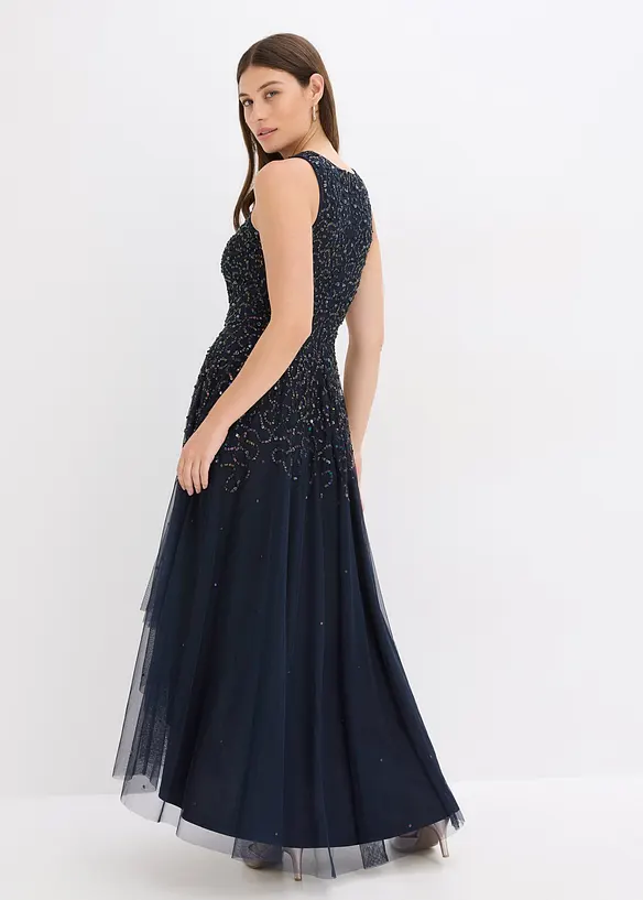 Vokuhila-Kleid mit Pailettenstickerei in blau von hinten (Totalaufnahme) - bonprix