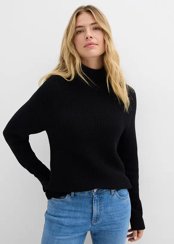 Rippstrickpullover aus reiner Bio-Baumwolle in schwarz von vorne (im Anschnitt) - bonprix Rippstrickpullover aus reiner Bio-Baumwolle in schwarz von vorne (im Anschnitt) - bonprix