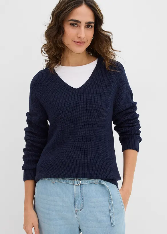 Rippstrickpullover aus reiner Bio-Baumwolle in blau von vorne (im Anschnitt) - bonprix