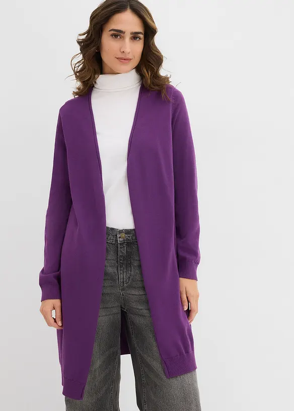 Longstrickjacke mit Rollkanten in lila von vorne (im Anschnitt) - bonprix