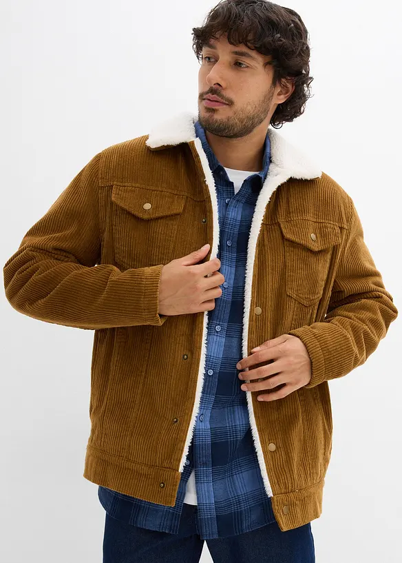 Cord-Winterjacke mit Teddyfutter in braun von vorne (im Anschnitt) - bonprix